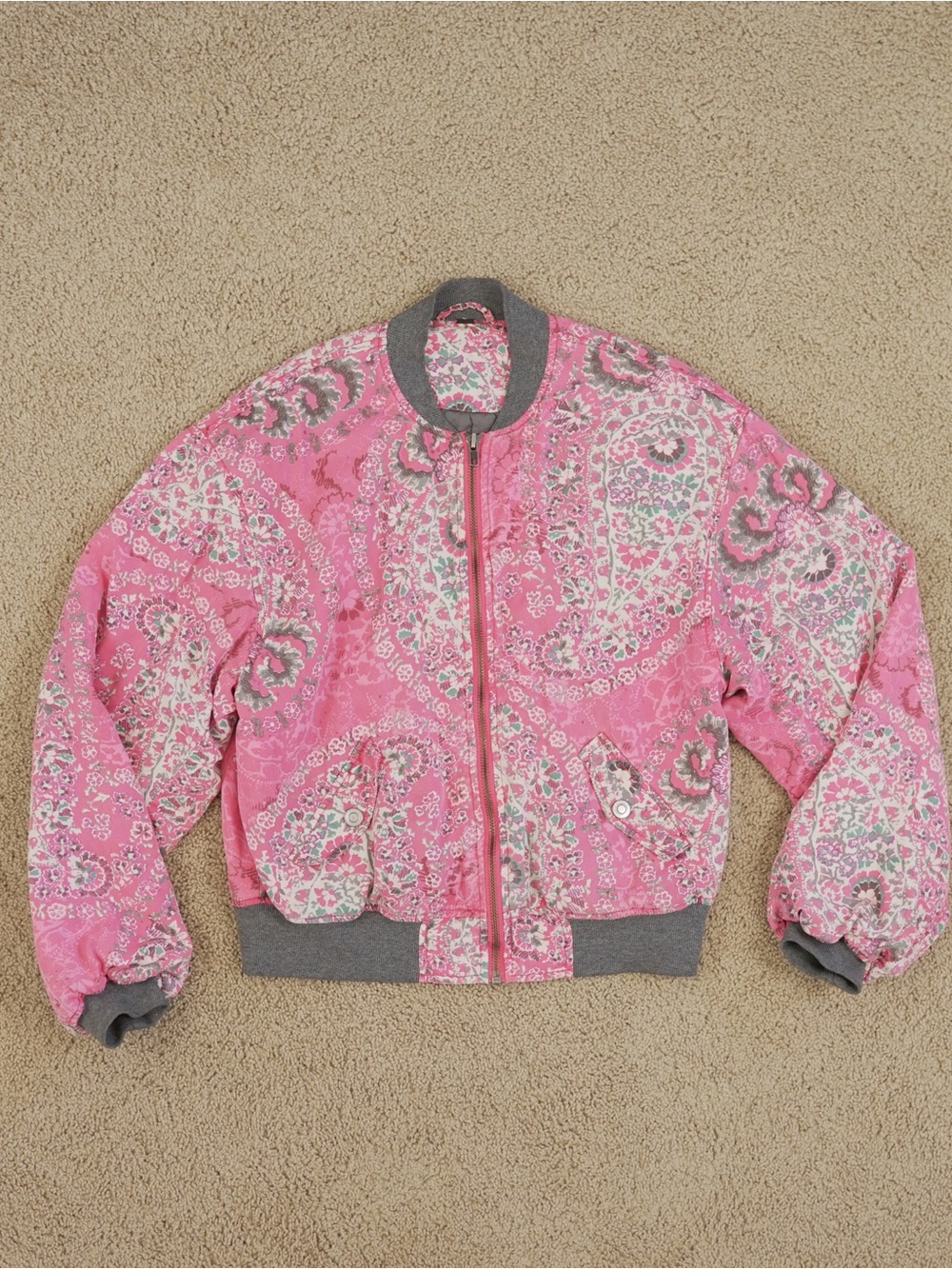 Free People Pink Paisley Bomber Jacket with Gray Trim
